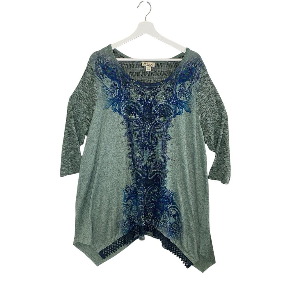 One World Womens Top 2X Green Shark Bite Tunic 3/4 Sleeve Round Neck Rhinestone